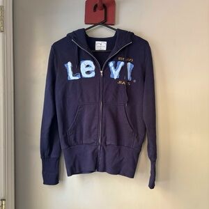 Vintage Levi's Dark Blue Logo Zip-Up Hoodie M